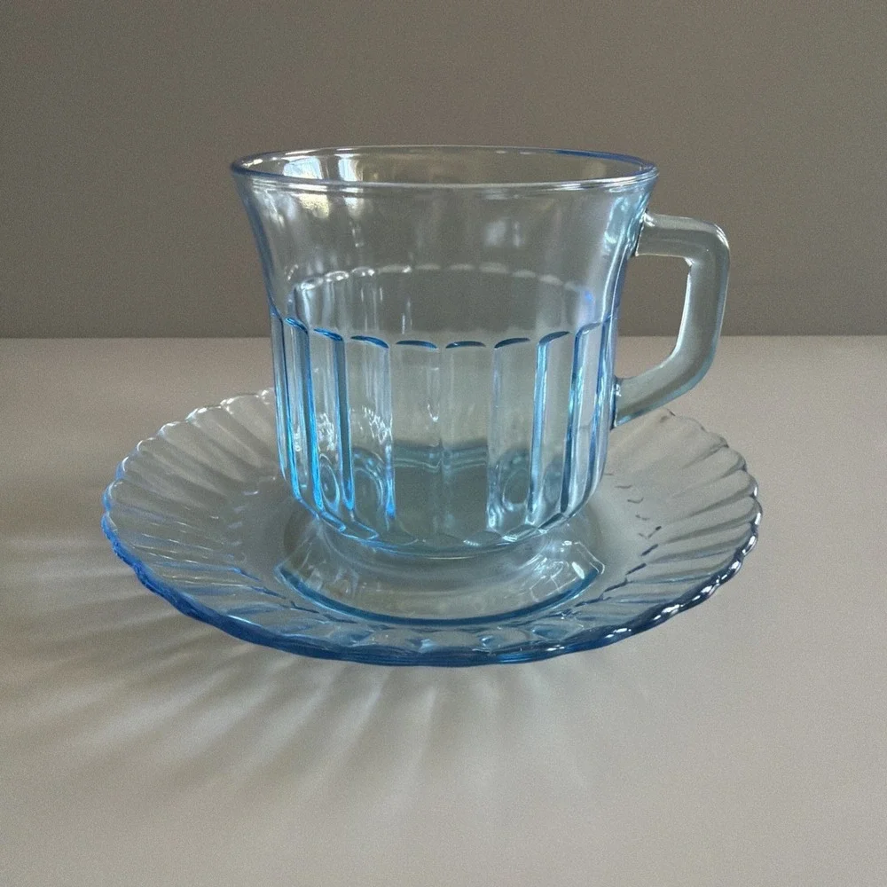Vintage 1980s Fortecrisa Mexico Ice Azure Blue Glass Coffee Tea Cup & Saucer 8oz